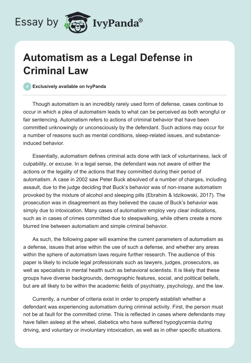 Automatism as a Legal Defense in Criminal Law. Page 1