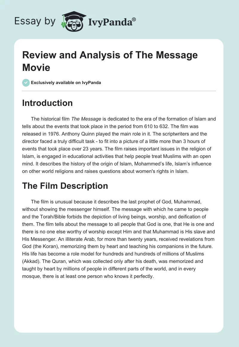 Review and Analysis of "The Message" Movie. Page 1