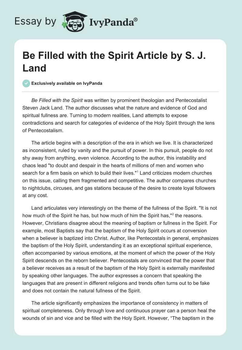 "Be Filled with the Spirit" Article by S. J. Land. Page 1
