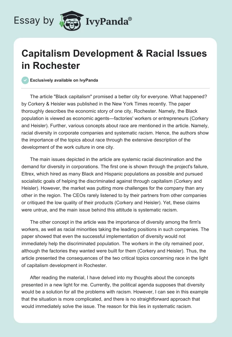 Capitalism Development & Racial Issues in Rochester. Page 1