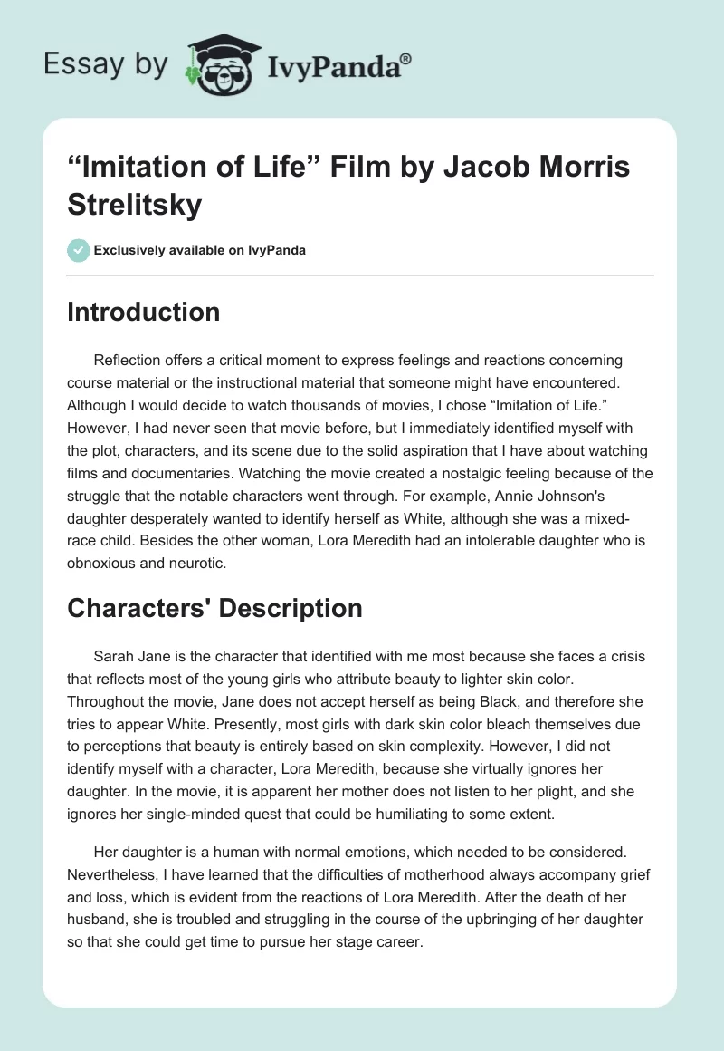 “Imitation of Life” Film by Jacob Morris Strelitsky. Page 1