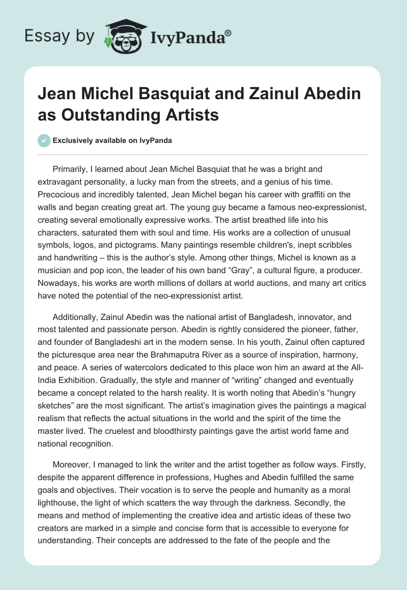 Jean Michel Basquiat and Zainul Abedin as Outstanding Artists. Page 1