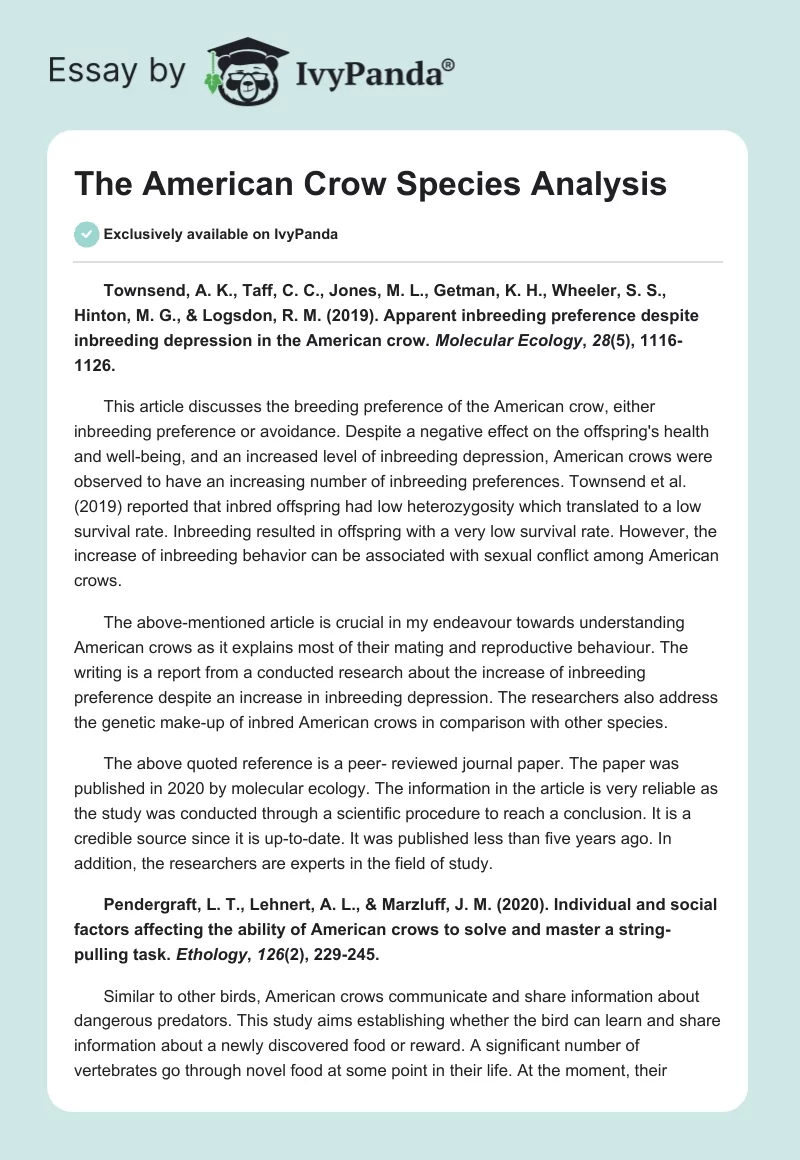 The American Crow Species Analysis. Page 1