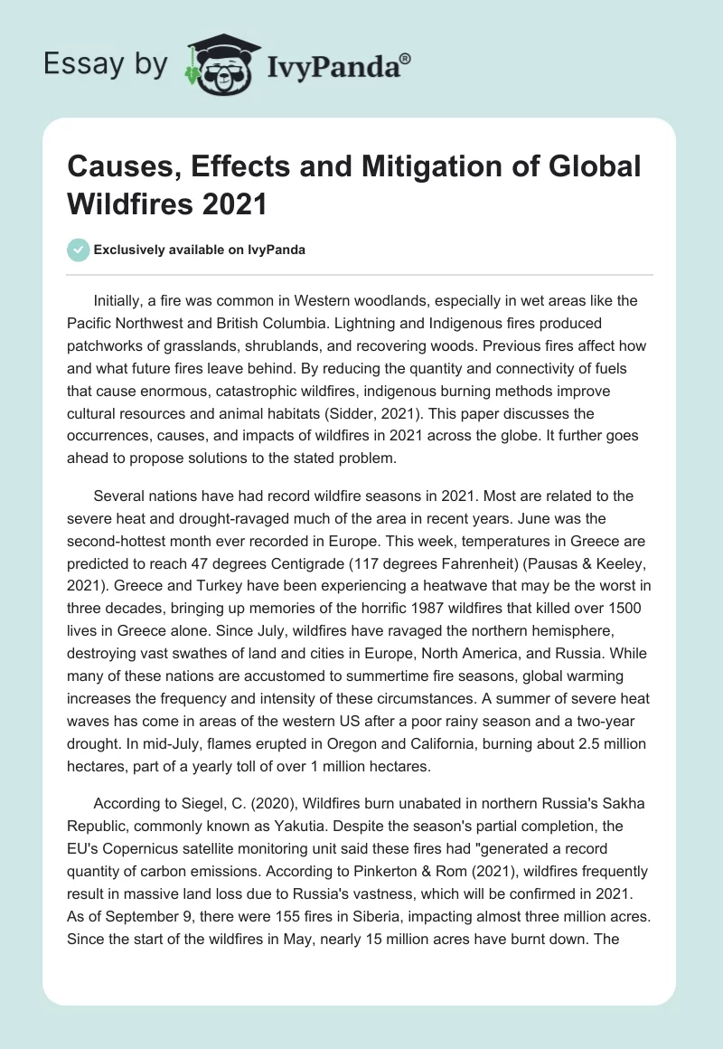Causes, Effects and Mitigation of Global Wildfires 2021. Page 1