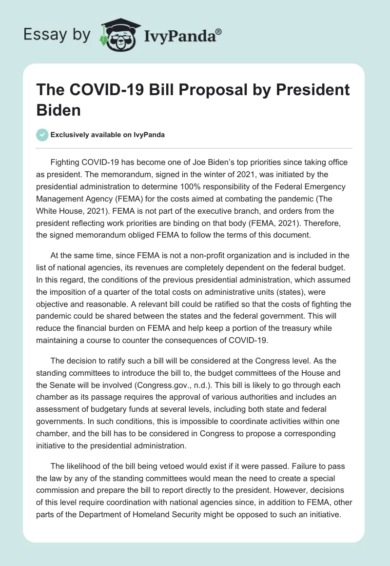 The COVID-19 Bill Proposal by President Biden. Page 1
