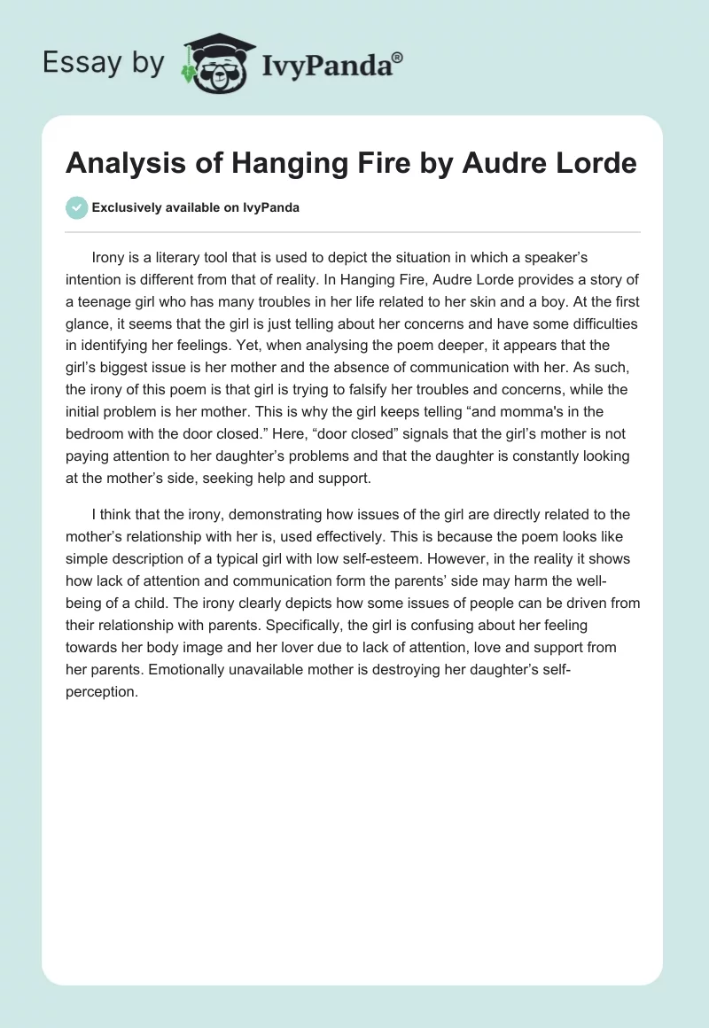 Analysis of "Hanging Fire" by Audre Lorde. Page 1