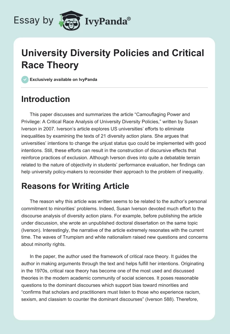 University Diversity Policies and Critical Race Theory. Page 1