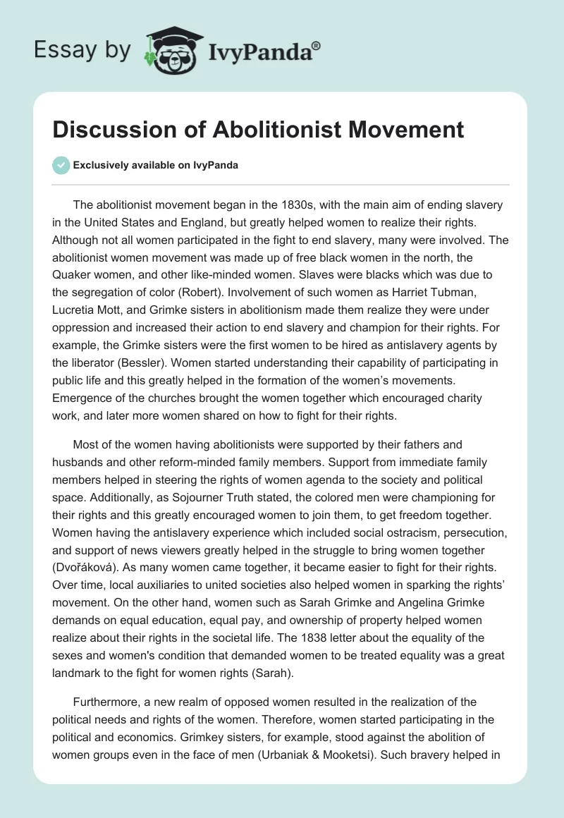 Discussion of Abolitionist Movement. Page 1