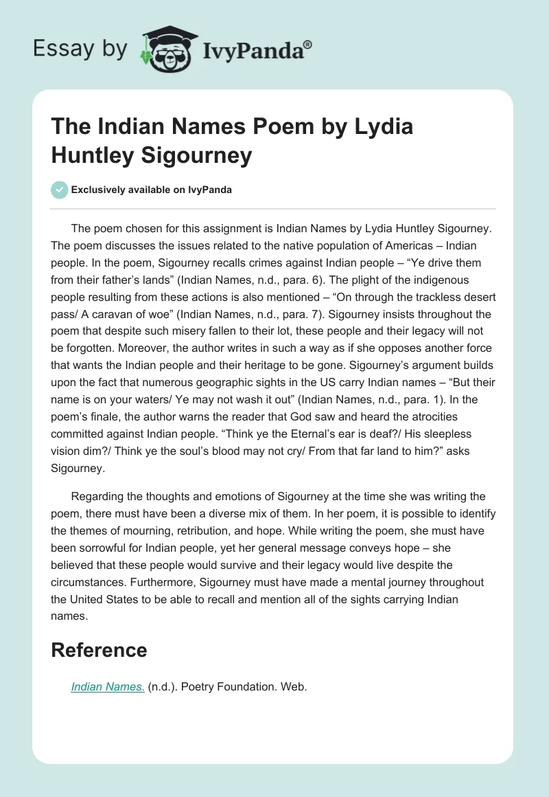 The "Indian Names" Poem by Lydia Huntley Sigourney. Page 1