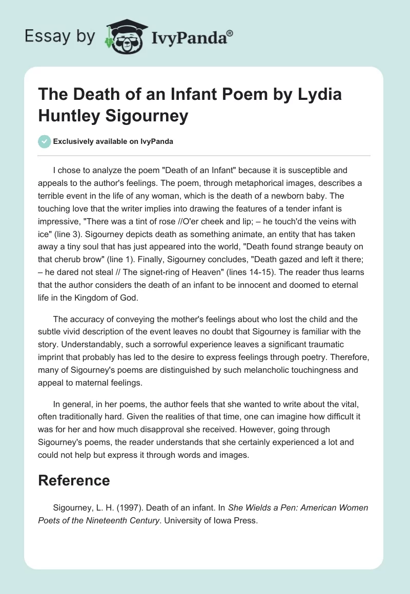 The "Death of an Infant" Poem by Lydia Huntley Sigourney. Page 1