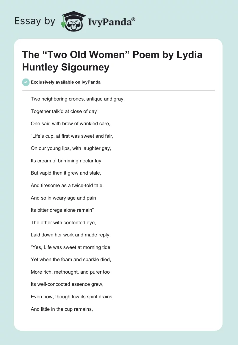 The “Two Old Women” Poem by Lydia Huntley Sigourney. Page 1