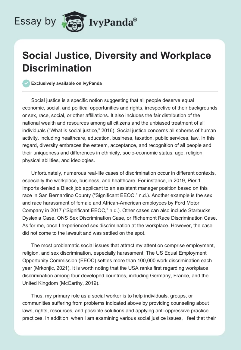 Social Justice, Diversity and Workplace Discrimination. Page 1