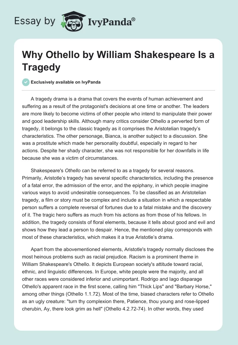 Why "Othello" by William Shakespeare Is a Tragedy. Page 1