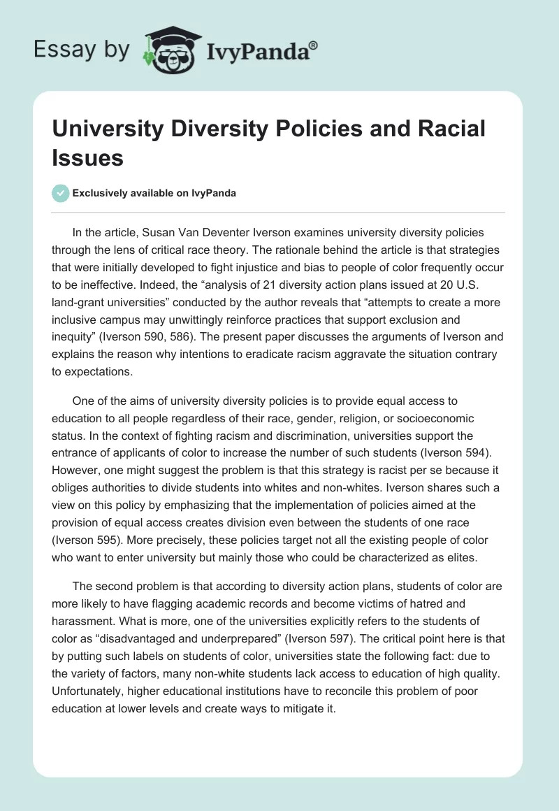 University Diversity Policies and Racial Issues. Page 1