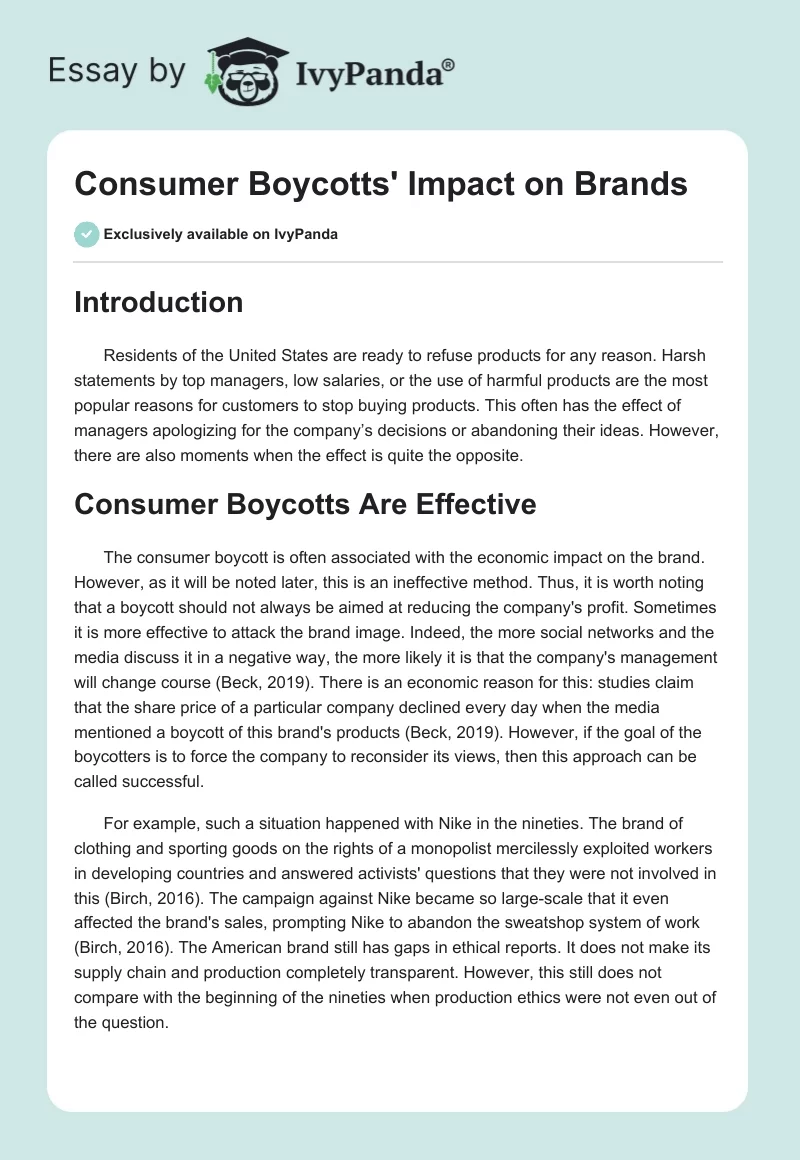 Consumer Boycotts' Impact on Brands. Page 1