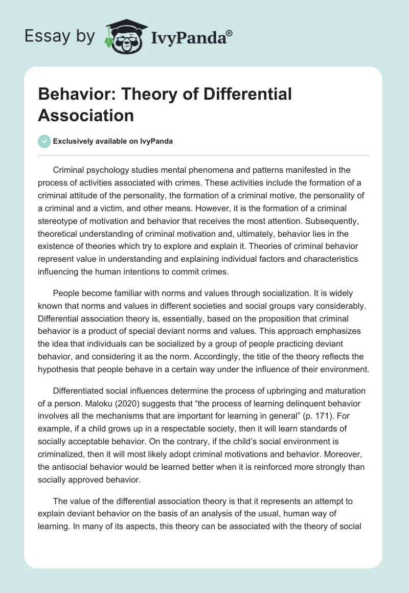 Behavior: Theory of Differential Association. Page 1