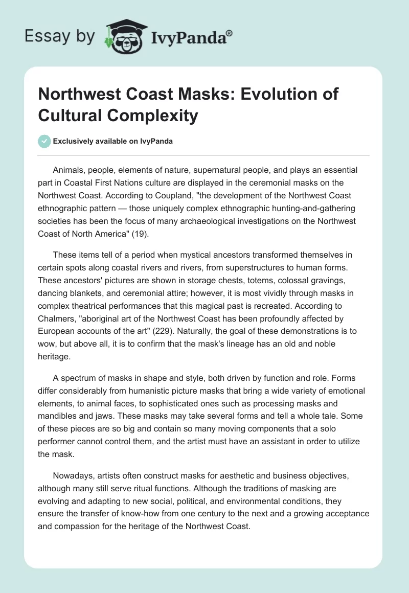 Northwest Coast Masks: Evolution of Cultural Complexity. Page 1
