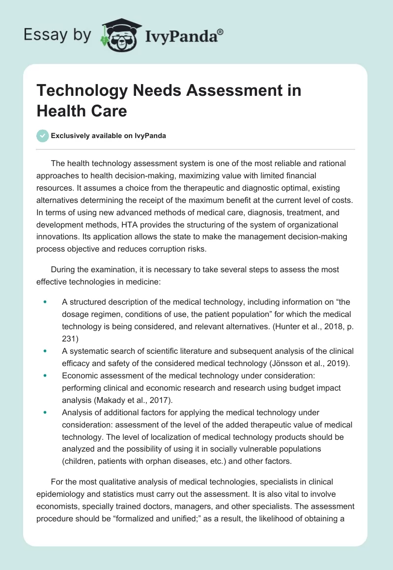 Technology Needs Assessment in Health Care. Page 1
