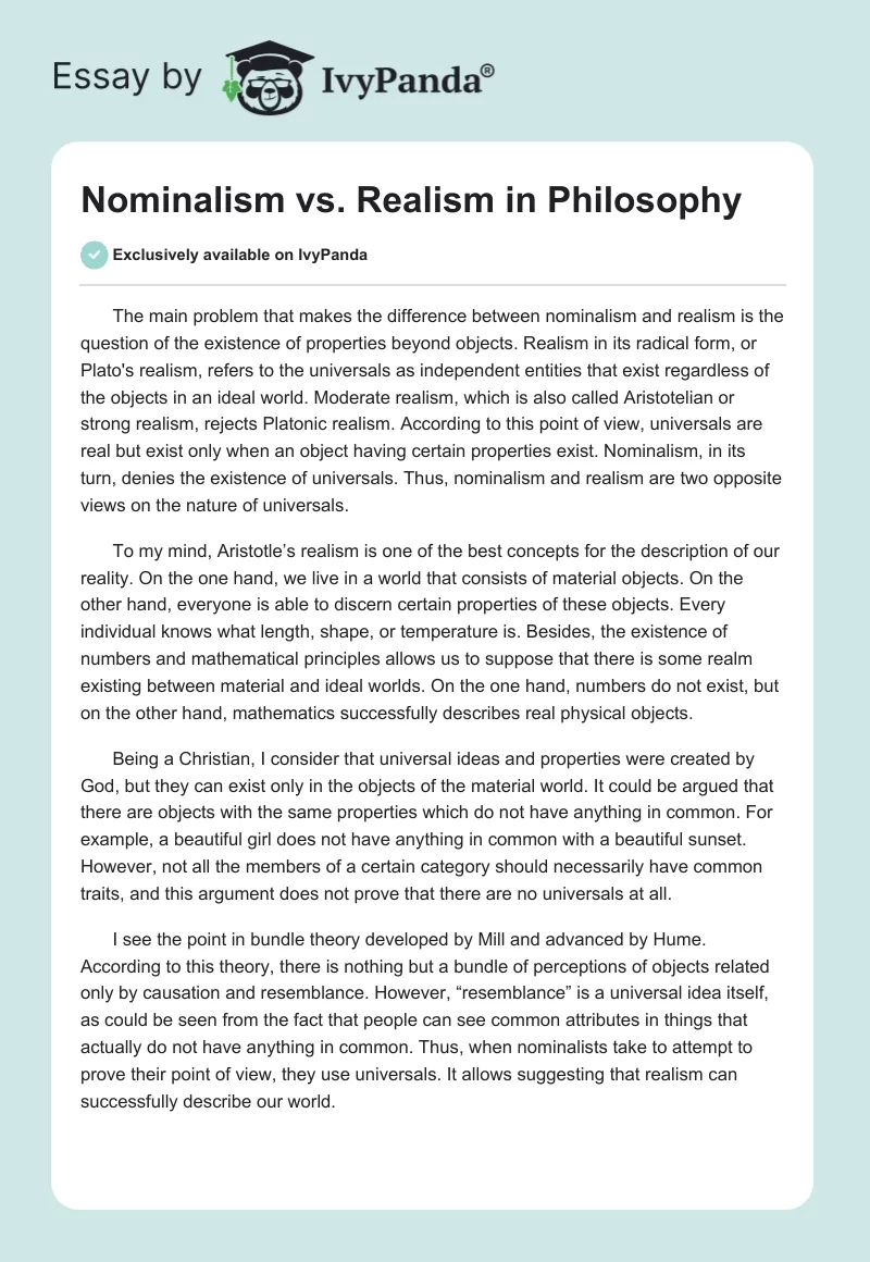 Nominalism vs. Realism in Philosophy. Page 1