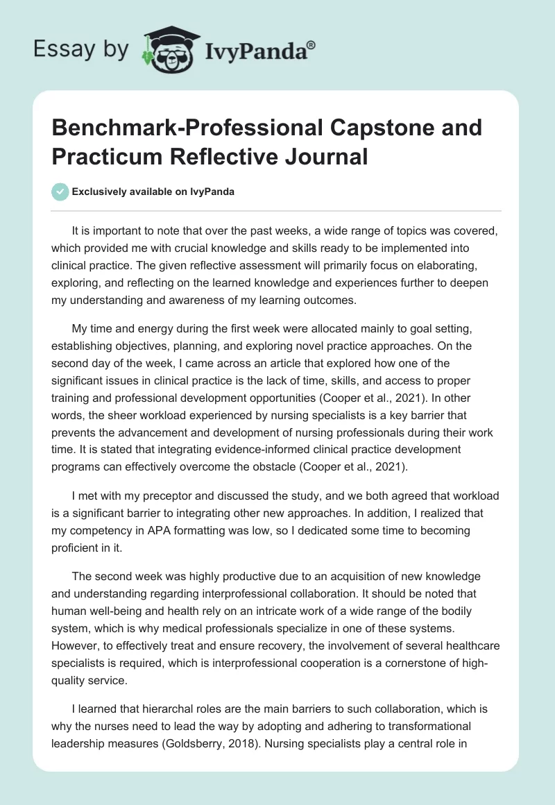 Benchmark-Professional Capstone and Practicum Reflective Journal. Page 1