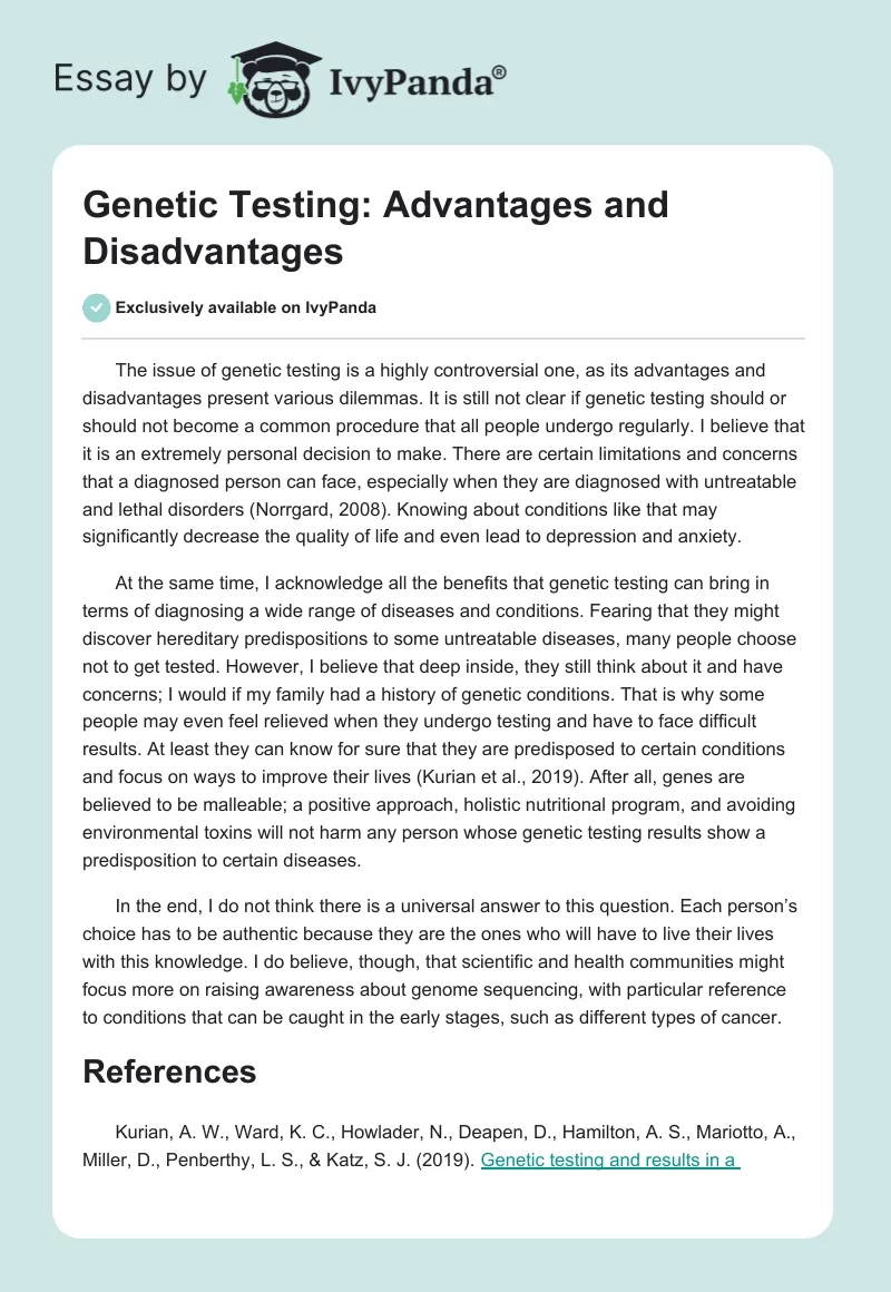 Genetic Testing: Advantages and Disadvantages. Page 1