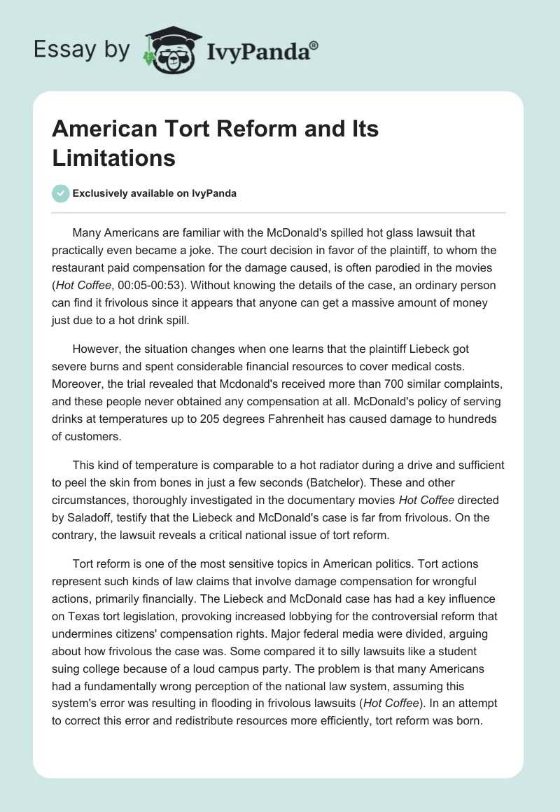 American Tort Reform and Its Limitations. Page 1