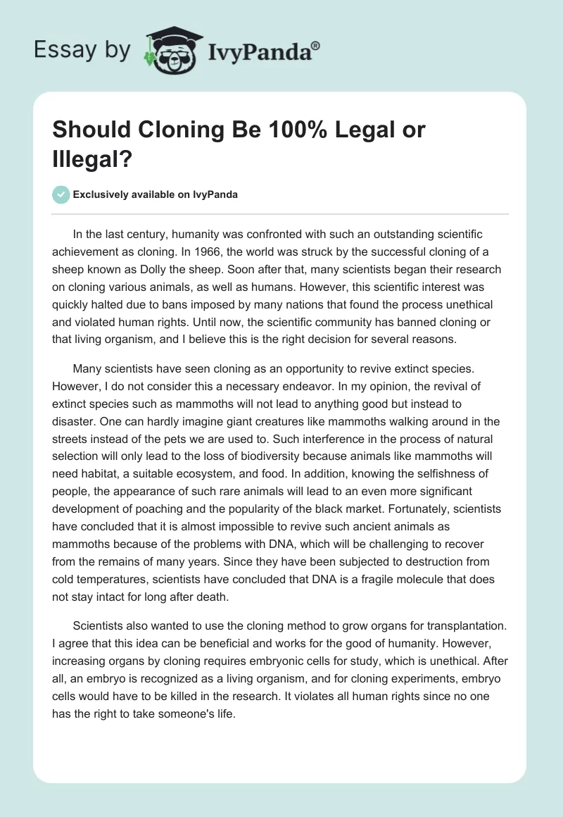 Should Cloning Be 100% Legal or Illegal?. Page 1