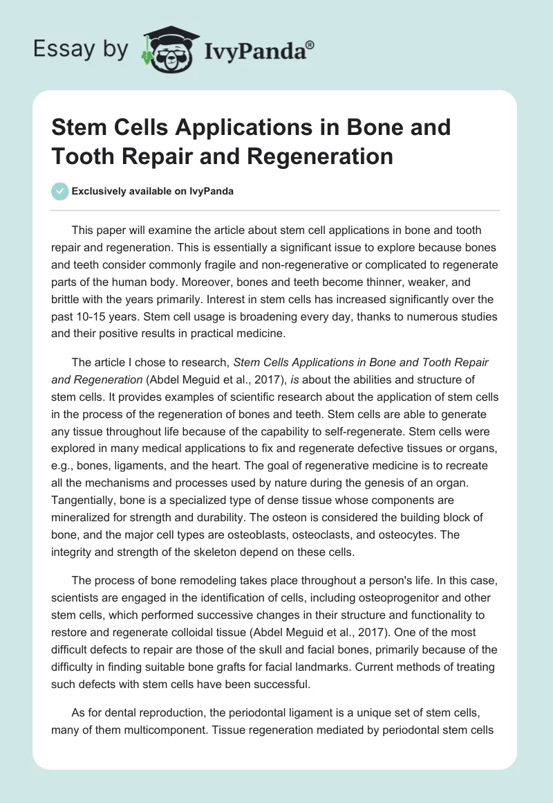 Stem Cells Applications in Bone and Tooth Repair and Regeneration. Page 1
