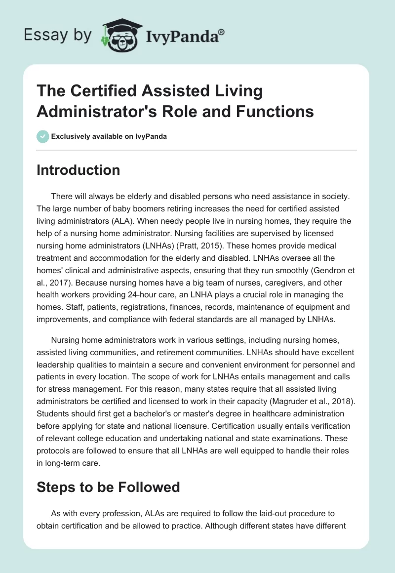 The Certified Assisted Living Administrator's Role and Functions. Page 1
