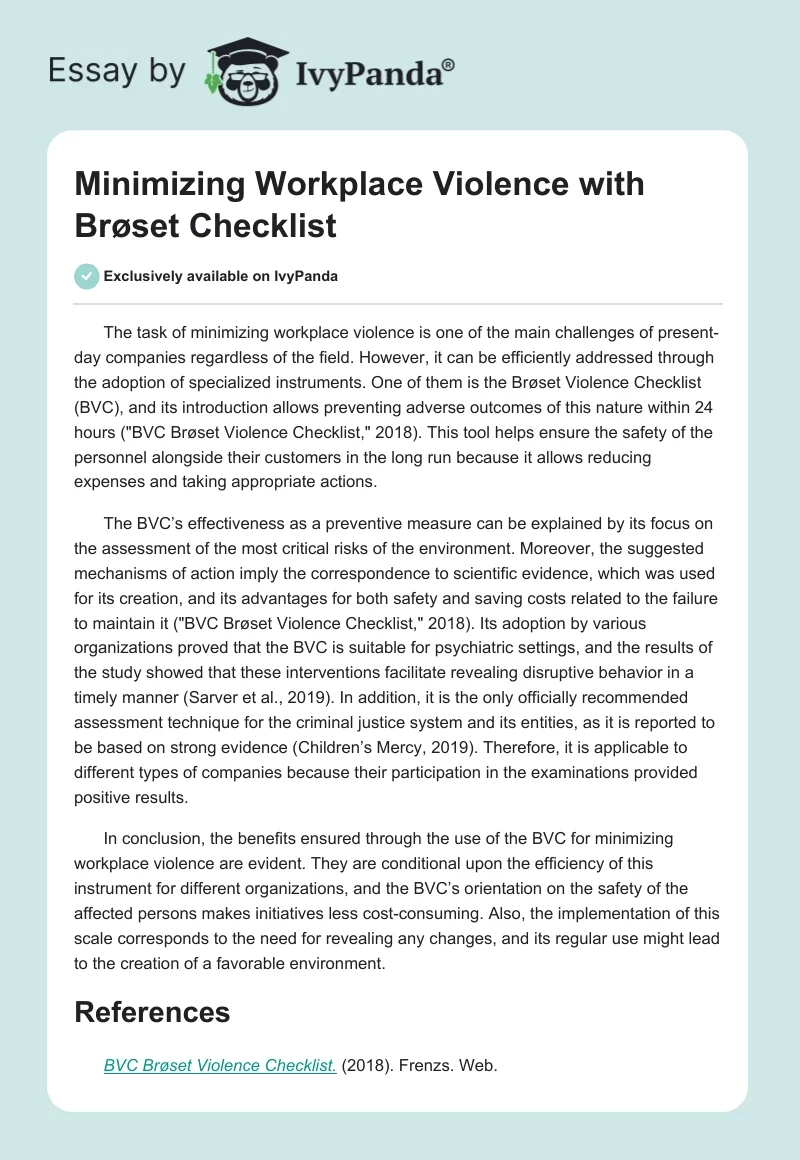 Minimizing Workplace Violence with Brøset Checklist. Page 1