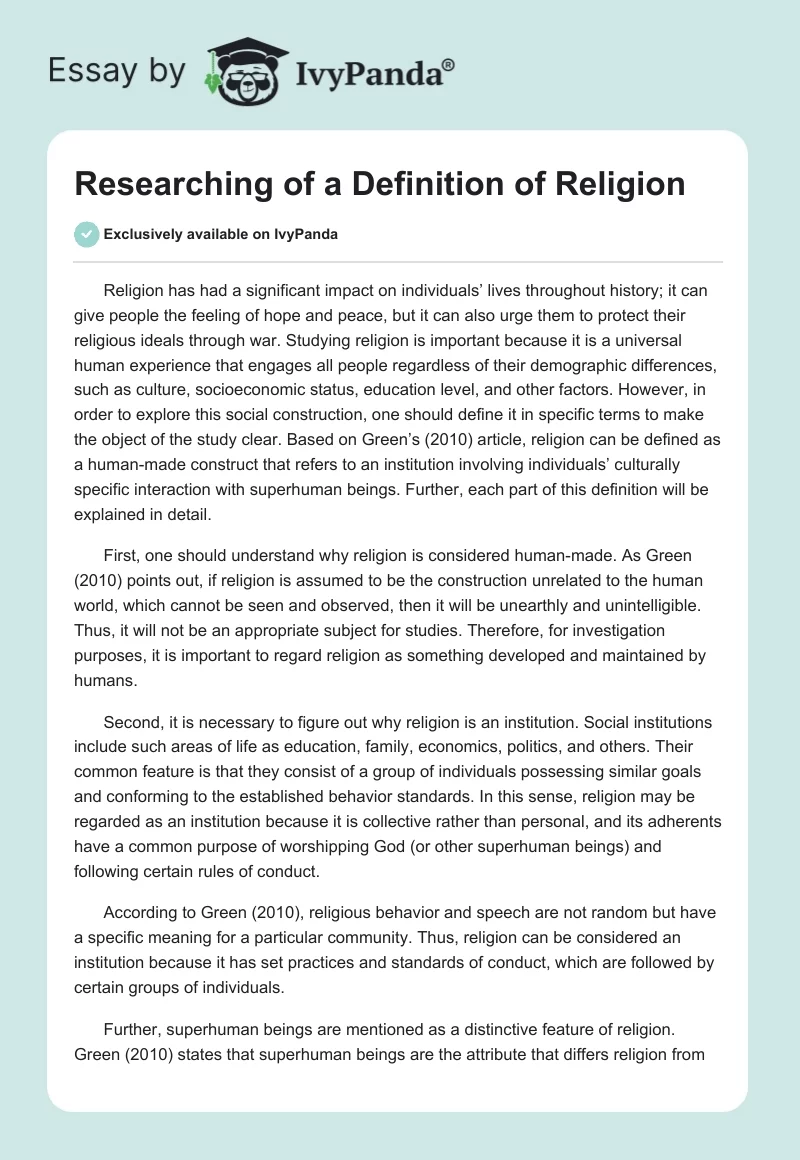 Researching of a Definition of Religion. Page 1