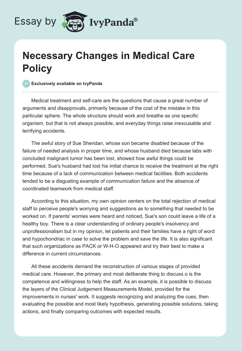 Necessary Changes in Medical Care Policy. Page 1