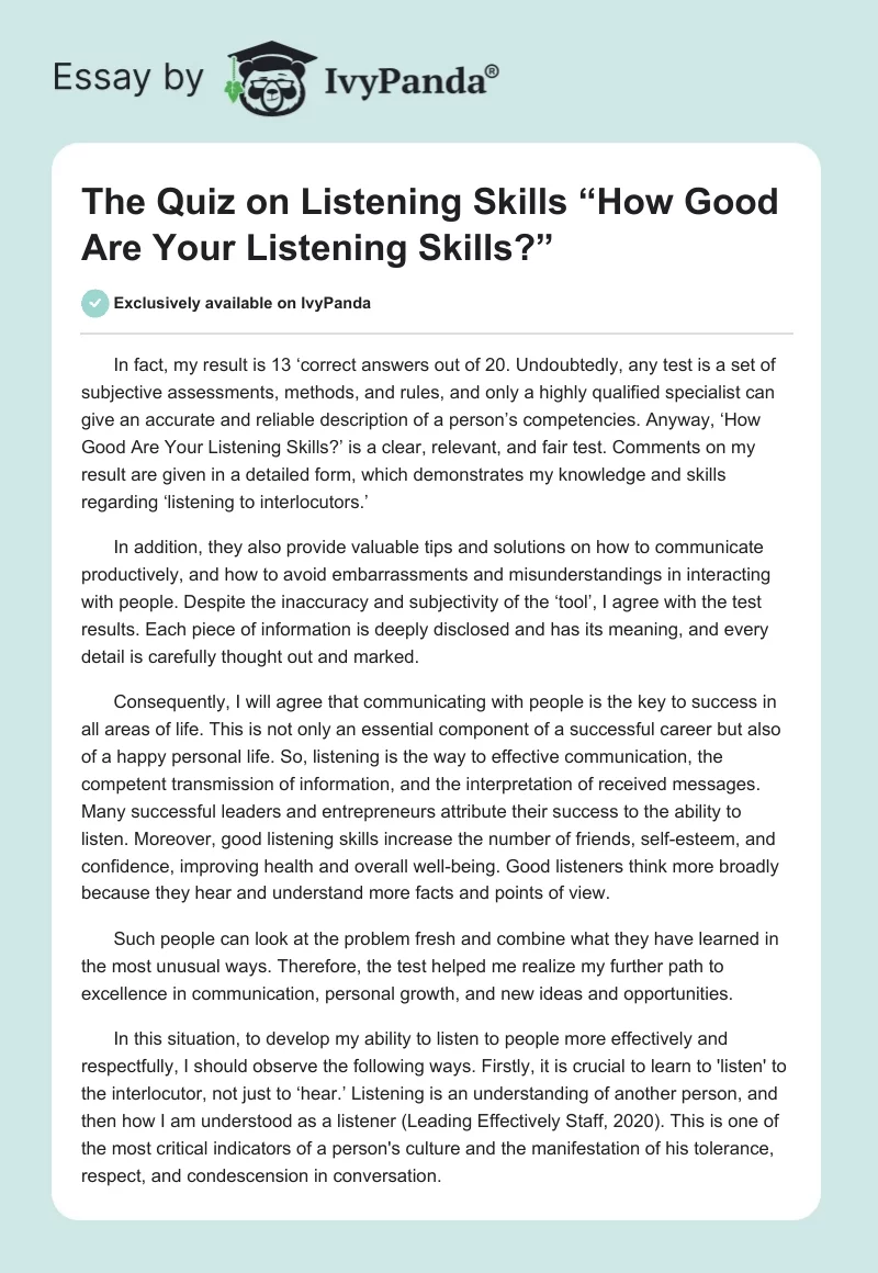 The Quiz on Listening Skills “How Good Are Your Listening Skills?”. Page 1