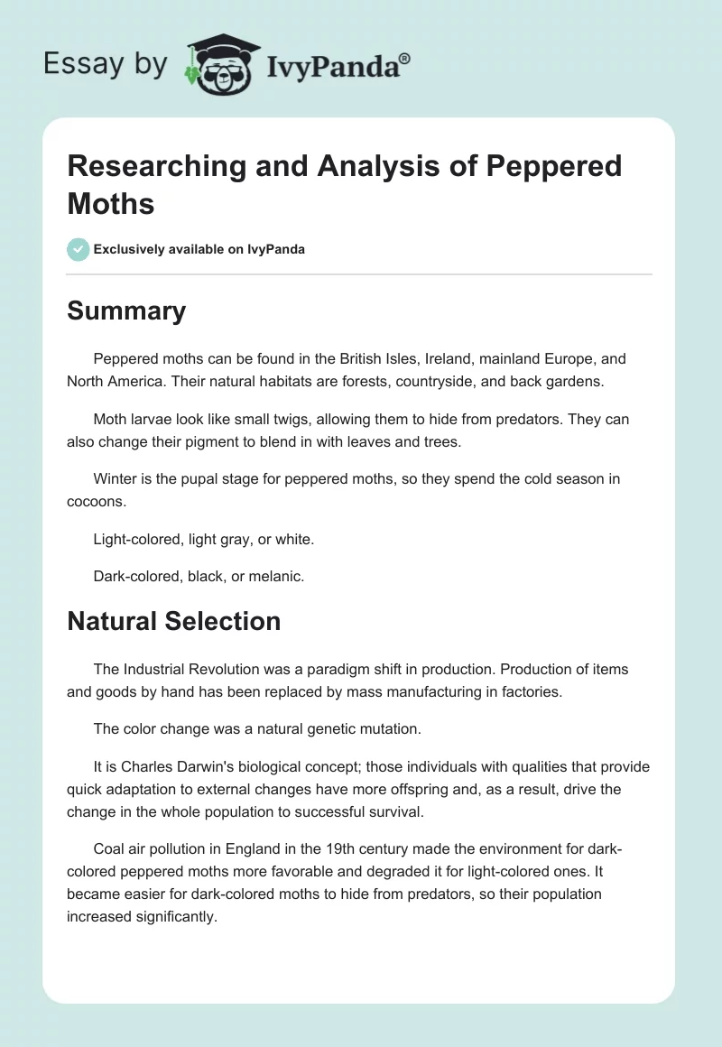 Researching and Analysis of Peppered Moths. Page 1
