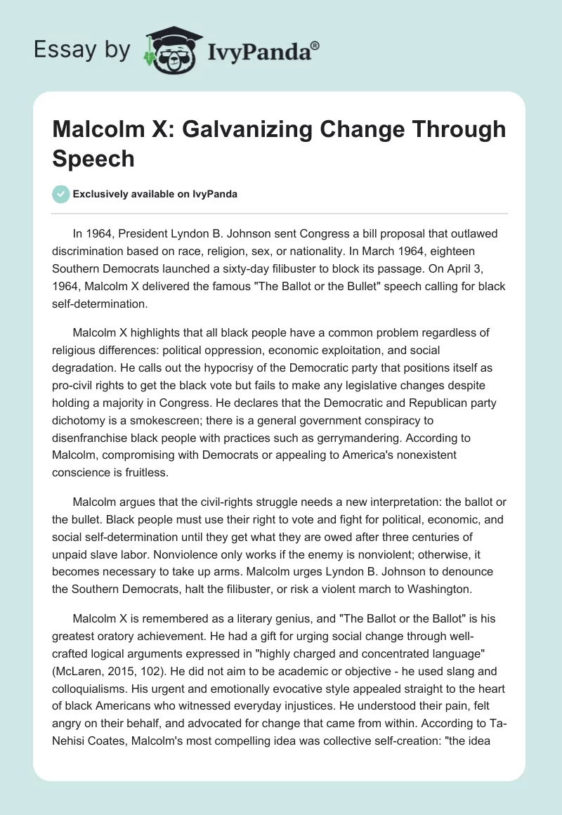Malcolm X: Galvanizing Change Through Speech. Page 1