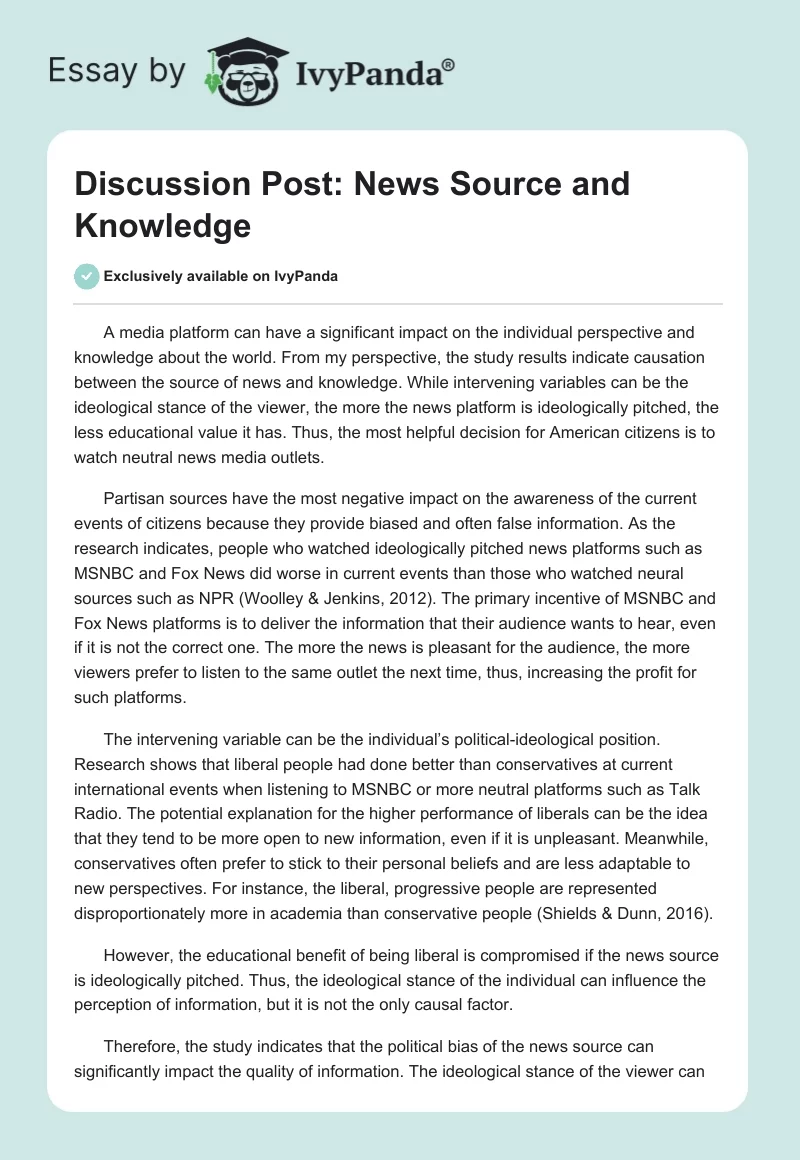 Discussion Post: News Source and Knowledge. Page 1
