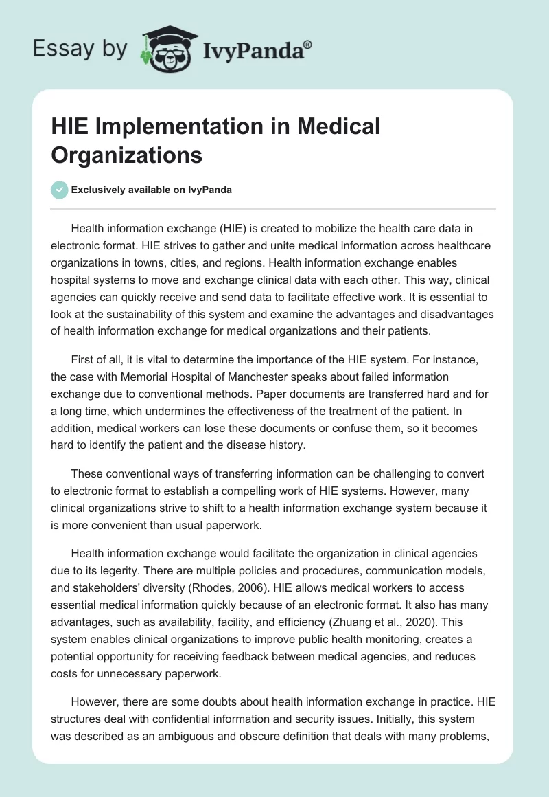 HIE Implementation in Medical Organizations. Page 1