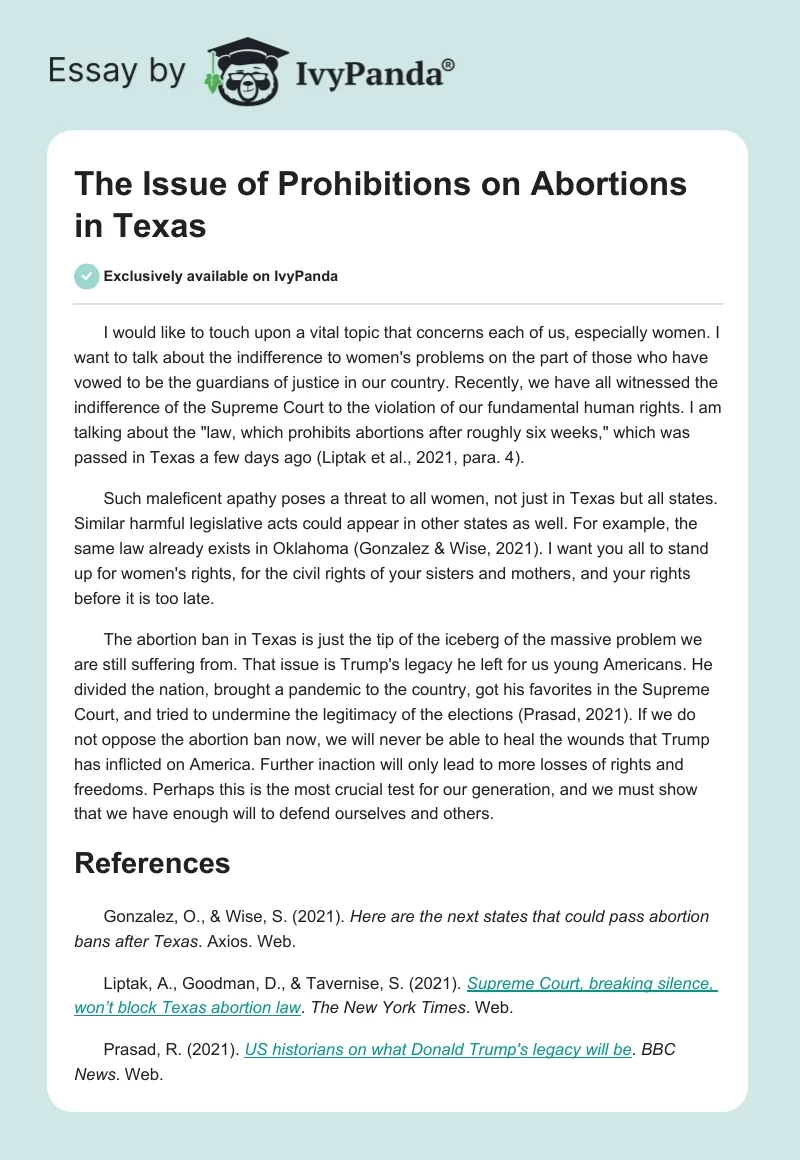 The Issue of Prohibitions on Abortions in Texas. Page 1