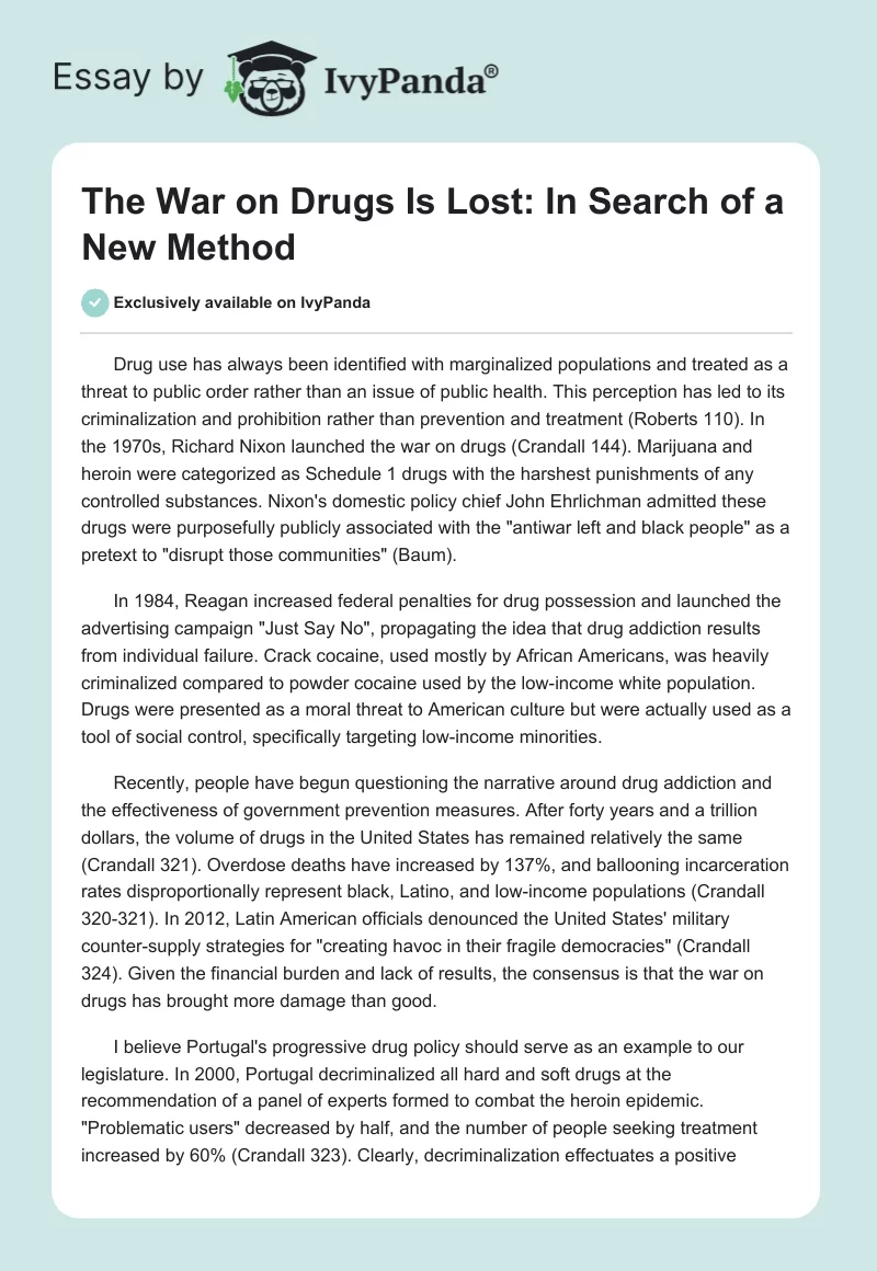 The War on Drugs Is Lost: In Search of a New Method. Page 1