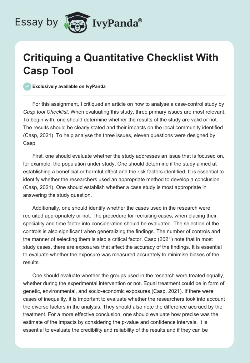 Critiquing a Quantitative Checklist With Casp Tool. Page 1