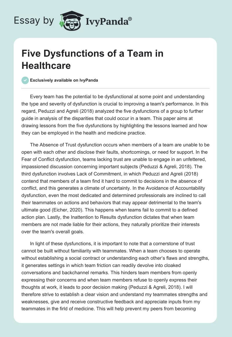 Five Dysfunctions of a Team in Healthcare. Page 1
