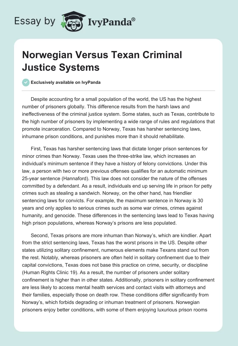 Norwegian Versus Texan Criminal Justice Systems. Page 1