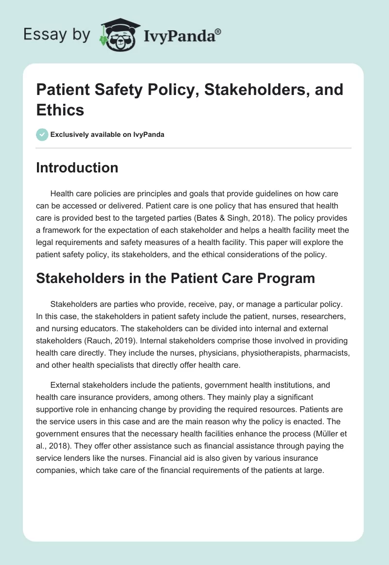 Patient Safety Policy, Stakeholders, and Ethics. Page 1