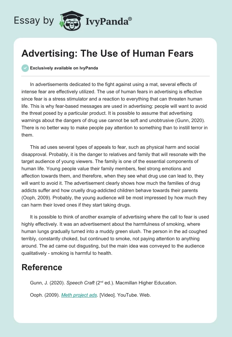 Advertising: The Use of Human Fears. Page 1