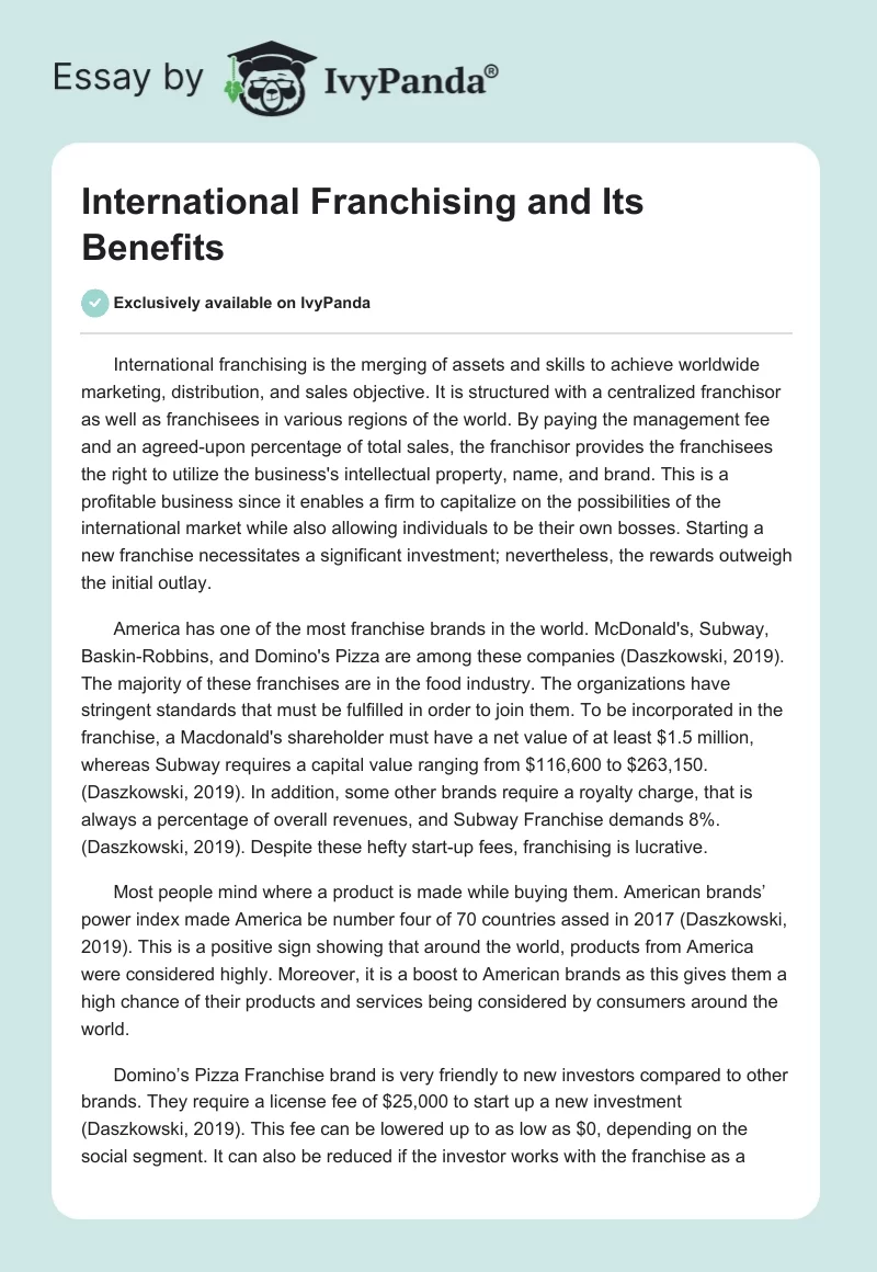 International Franchising and Its Benefits. Page 1