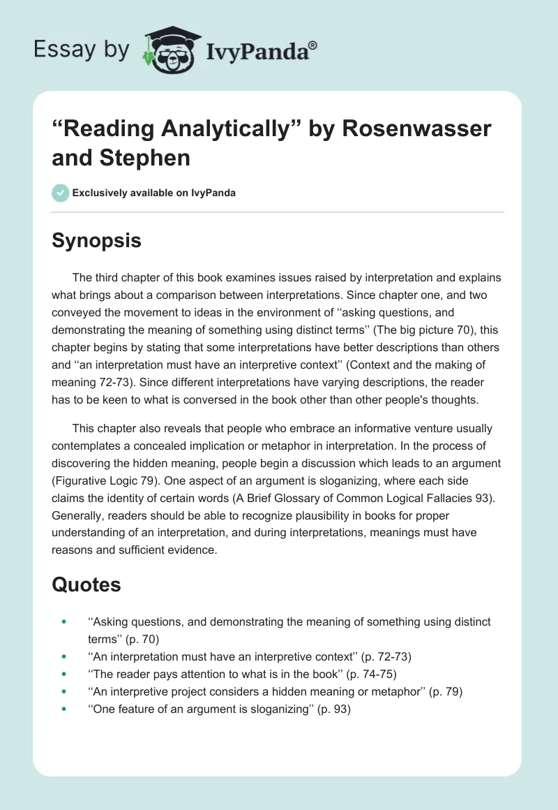 “Reading Analytically” by Rosenwasser and Stephen. Page 1