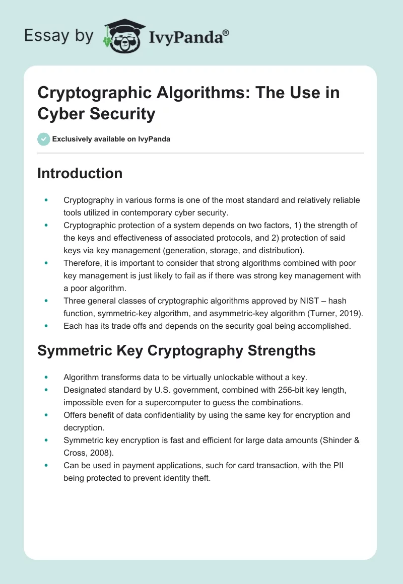 Cryptographic Algorithms: The Use in Cyber Security. Page 1