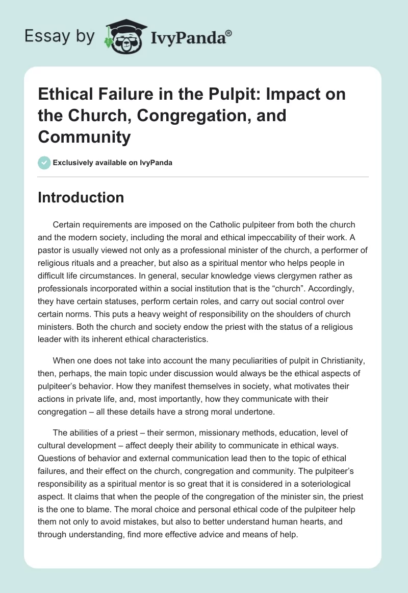 Ethical Failure in the Pulpit: Impact on the Church, Congregation, and Community. Page 1