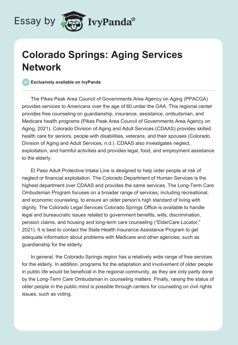 Colorado Springs: Aging Services Network. Page 1