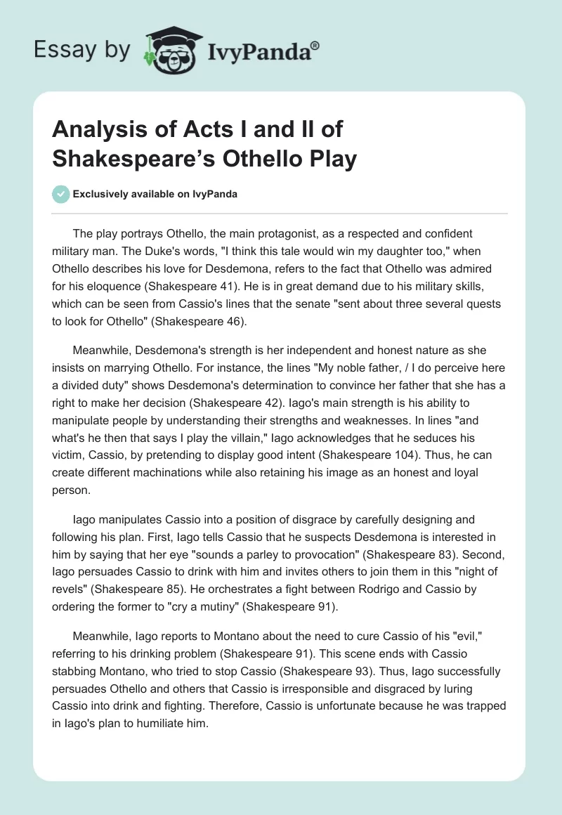 Analysis of Acts I and II of Shakespeare’s Othello Play. Page 1